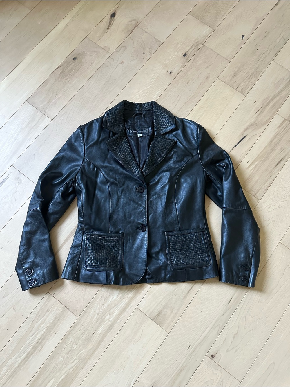Simons Black Leather Blazer Jacket with Woven Trim